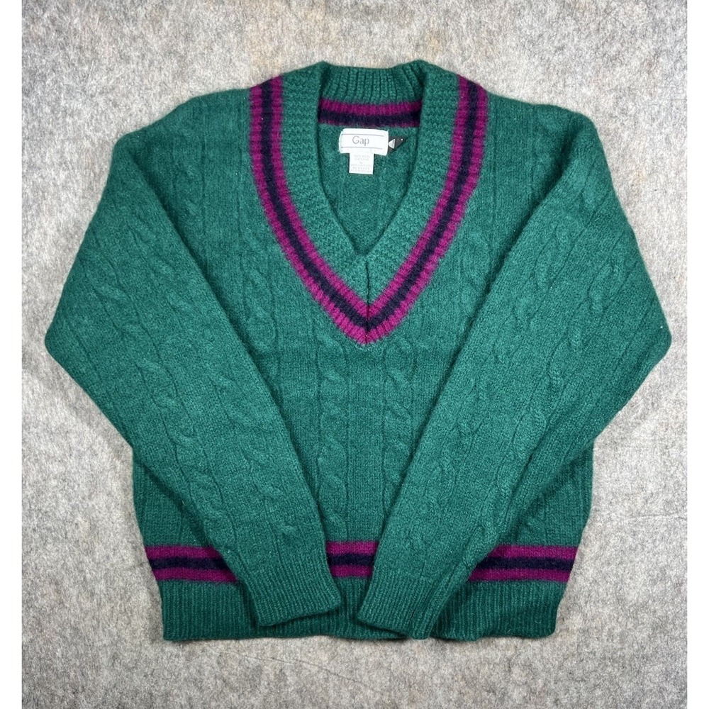 Vintage GAP Wool Sweater Mens L Green Cable Knit V Neck 90s‎ USA Shetland